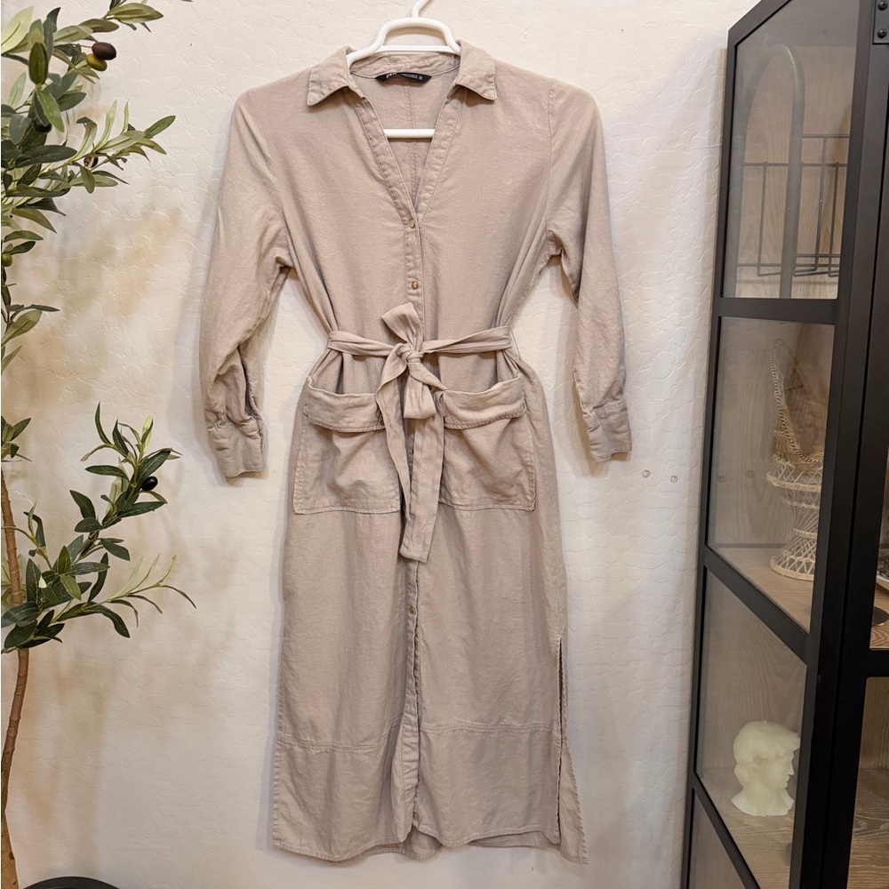 Zara Neutral Linen Dress with Front Pocket
